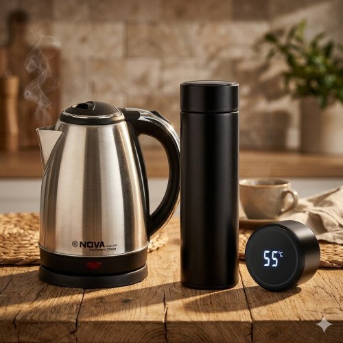 Smart Portable LED Flask + NOVA Stainless Steel Electric Kettle 1.8L Combo